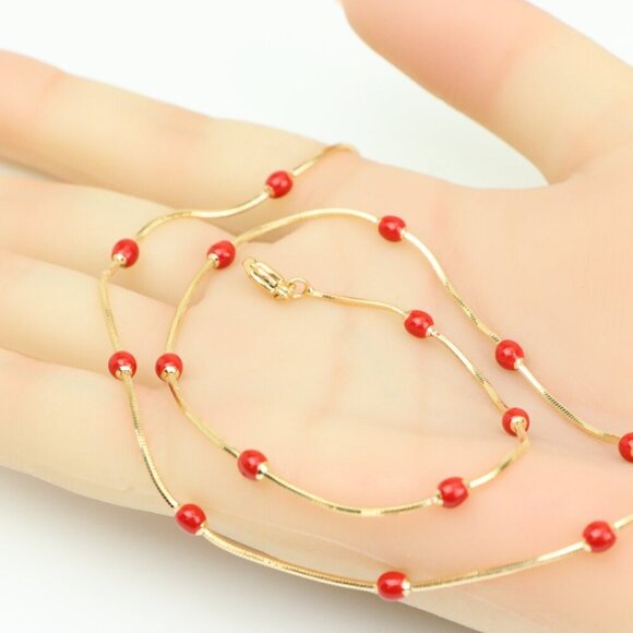 "Delicate Yellow Gold Plated Necklace with Red Beads, XPNL0302 - Picture 4 of 12